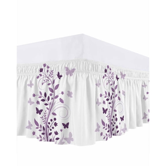 Purple WildFlower Bed Skirt Queen Size 18 Inch Drop, Spring Country Purple Floral Plant Butterfly Adjustable Elastic Dust Ruffles Bedskirt for Queen Bed Wrap Around Pleated Mattress Frame Cover