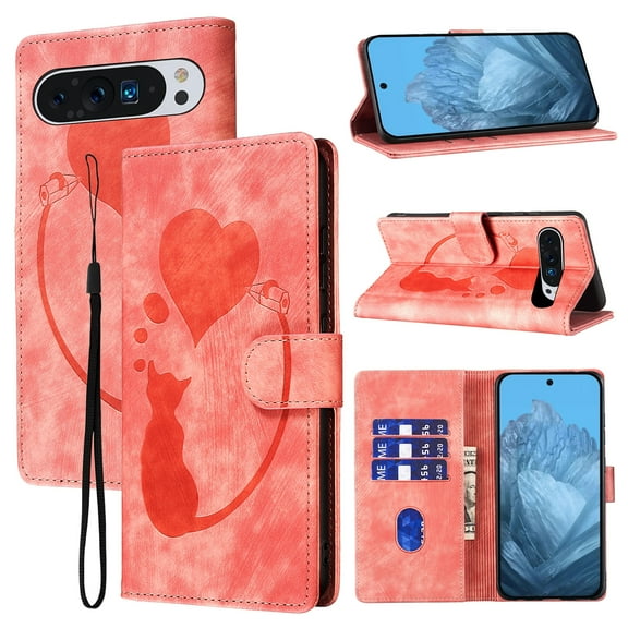 Cutyskin Wallet Case Designed for Google Pixel 9 Pro | Cat Love Heart Embossed PU Leather TPU Inner Shockproof Phone Case with Strap | Card Holders Kickstand Magnetic Clasp Flip Case | Pink