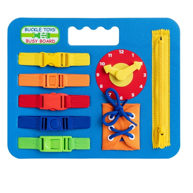 Buckle Toys Busy Board, juguete de aprendizaje Montessori para niños pequeños, actividades de viaje por carretera, tablero sensorial de espuma, desarrolla la motricidad fina, azul