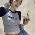 thumbnail image 2 of Camiseta Y2K para mujer, Tops cortos ajustados con letras de retales, ropa de calle informal, moda coreana, camisetas de manga corta, camisetas Bae para mujer, 2 of 5