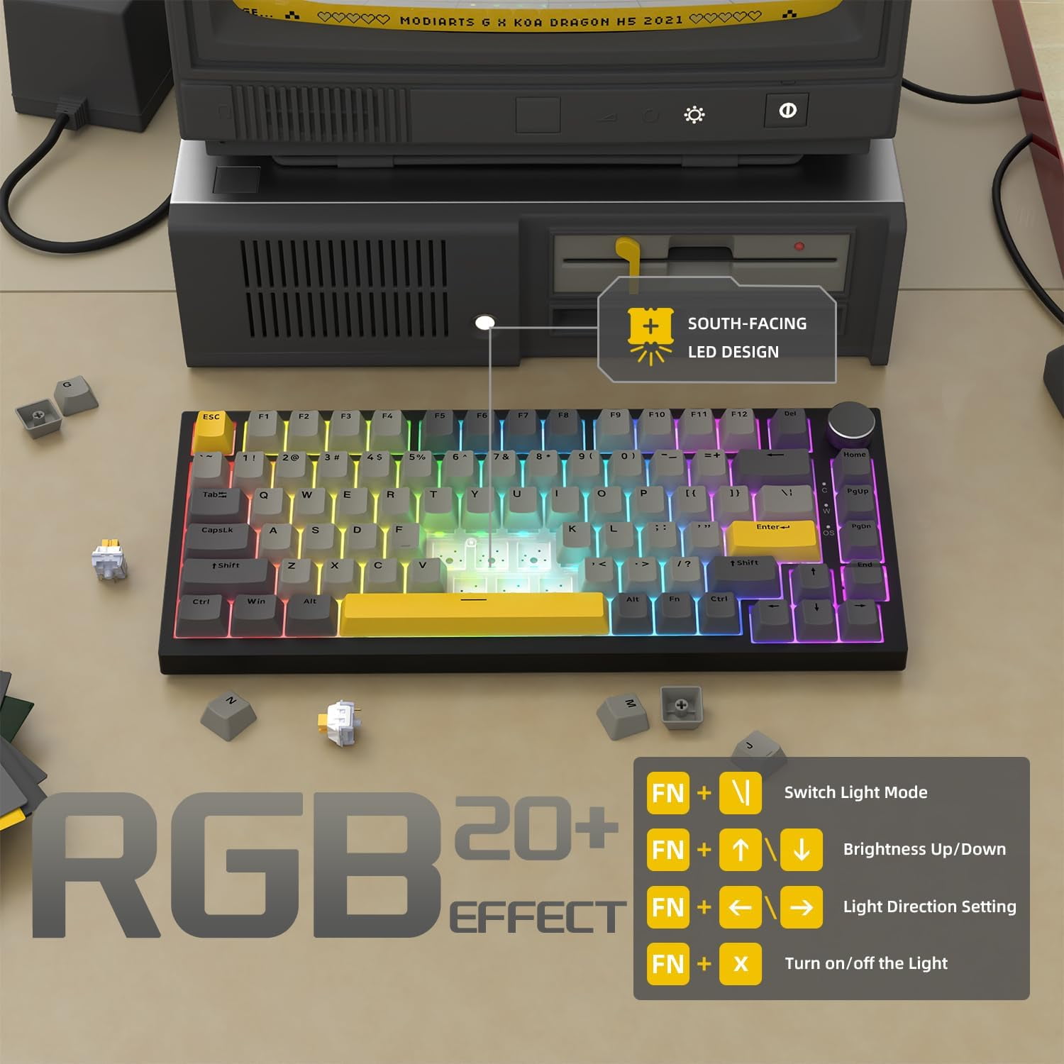 AJAZZ AK820 75% Wired RGB Hot Swap Mechanical Keyboard with CNC Volume Knob,Poron Foam Gasket Mounted,South Facing LED,OME Profile PBT Keycap-RGB Light,NKRO,Yellow Linear Switch Switch(Gray Orange)