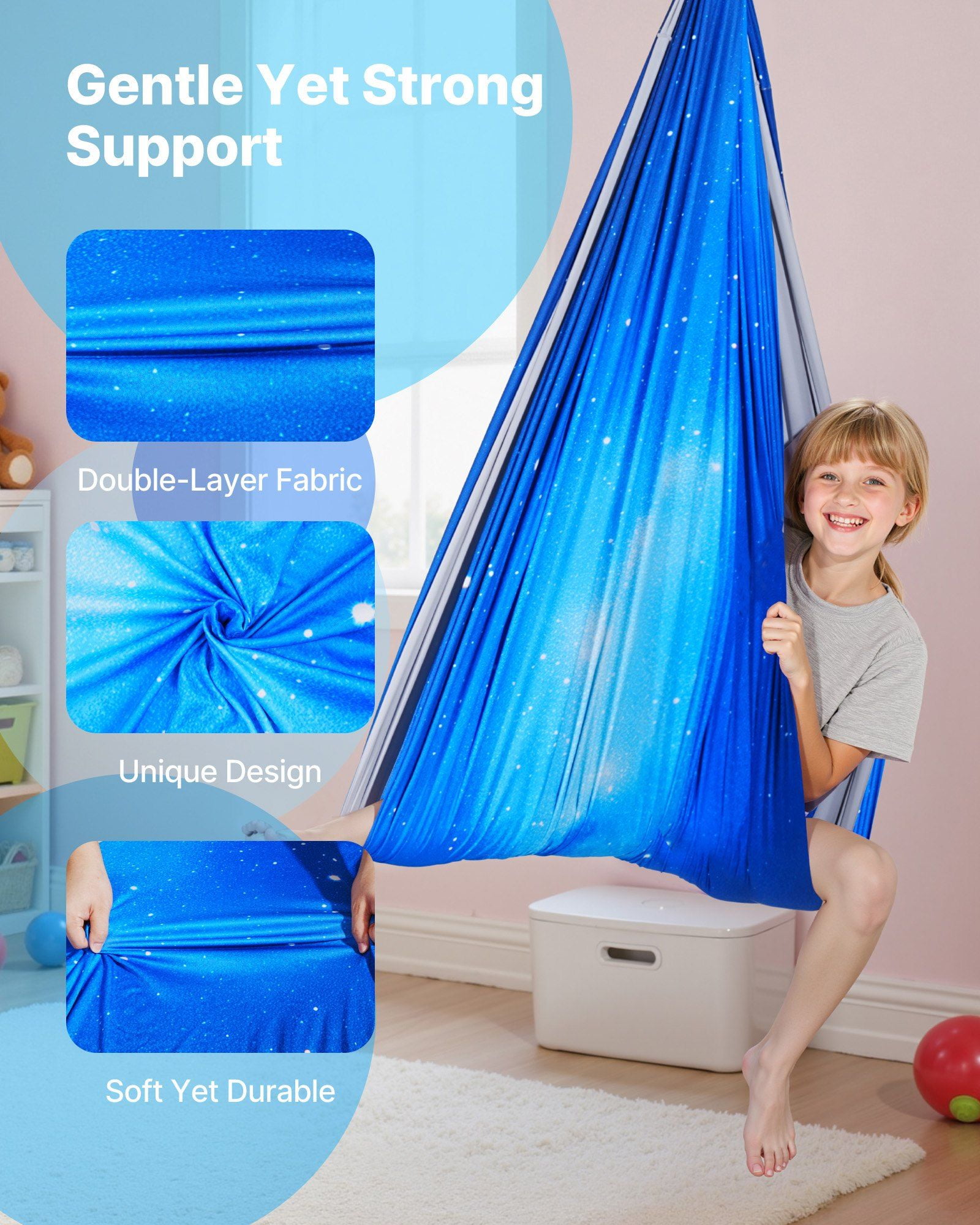 Sensory Swing Double Layer Fabric Hammock Indoor Outdoor 360 Degree Swivel Hanger O Sling Holds 300lbs Adjustable Aerial Yoga Hanging Swing for Kids