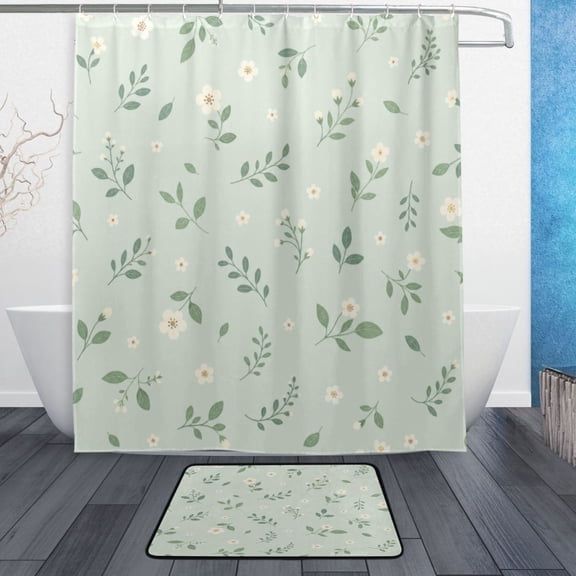 TTYFWHD 60" x 72" Shower Curtain and Bath Mat Set Floral Botanical Pattern Waterproof Bathroom Curtain with 12 Hooks, Bathroom Decor Set