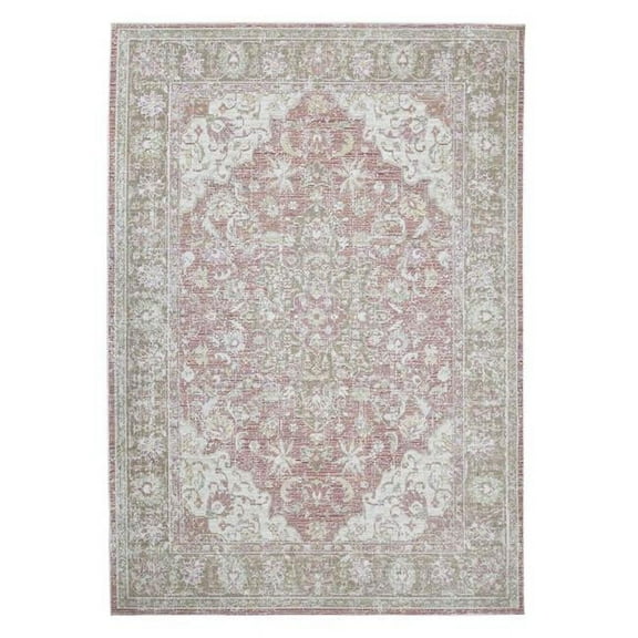 9 x 13 ft. Coral Medallion Power Loom Rectangle Area Rug, Pink & Green