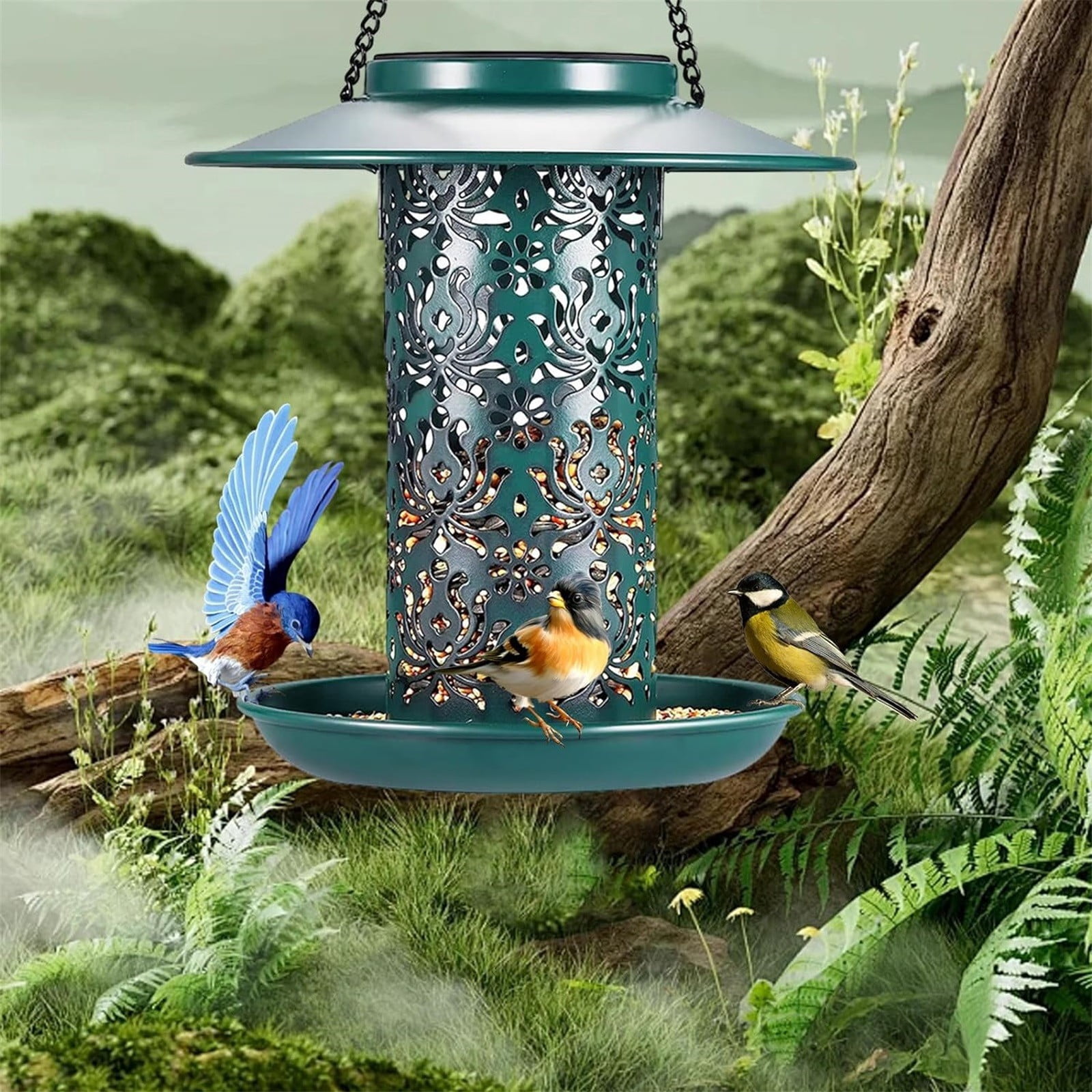 ERTZAE Solar-Powered Metal Hanging Bird Feeder,Vintage Vine Pattern Night Light Projection Outdoor Bird Feeder,Waterproof Metal Garden Bird Feeder,Automatic Decorative Bird Feeder Gift