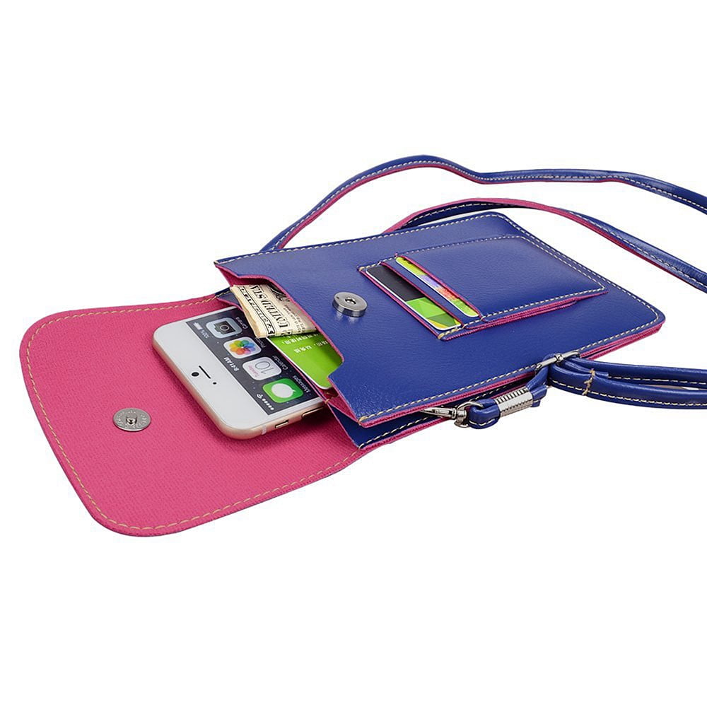 BUNDLE: Vegan Leather Vertical Crossbody Smartphone Pouch Wallet (Blue) & Deluxe Stereo Hands-Free Headset (Blue) - for Smartphones up to 6.5-inch, Shoulder Strap, Headphones w/ Microphone