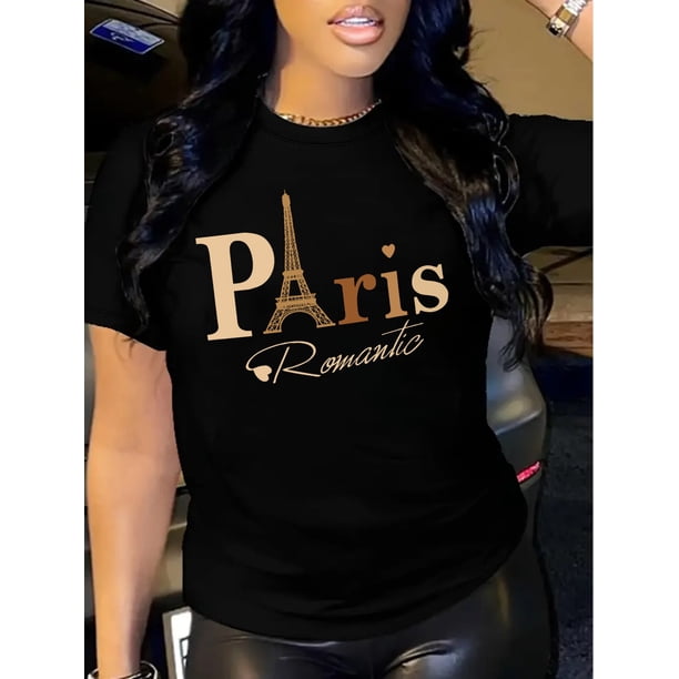 Women'S "Paris Romantic" Graphic Tee - Pink Casual Short Sleeve Crew Neck T-Shirt with Eiffel Tower Print, Spring/Summer Fashion Top for Casual Attire, Ladies T Shirts