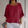 thumbnail image 5 of AKOEE Cotton Linen Summer Tops Womens Short Sleeve Loose Casual Beach Crewneck T-shirts with Ruffle Detail (4XL, Wine), 5 of 8