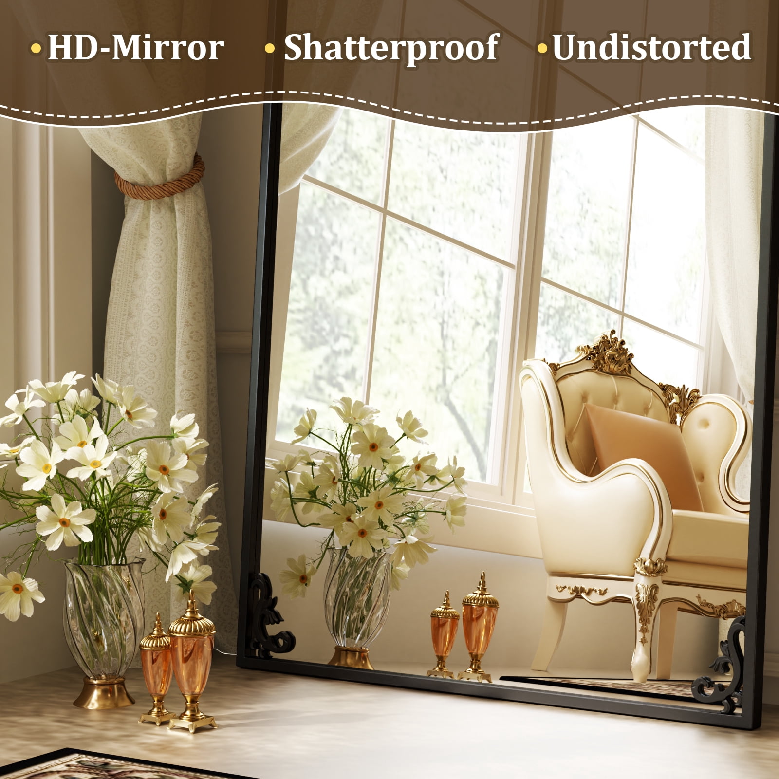 ‌Auromir‌ 21"x64" Vintage Arched Full Length Mirror Antique Metal Floor Mirror with Baroque Style, Black