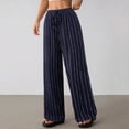 thumbnail image 6 of CLOISE Women's Wide Leg Pants Baggy Drawstring Mid Waist Long Pants Elastic Waist Striped Beach Outfits Navy S, 6 of 8