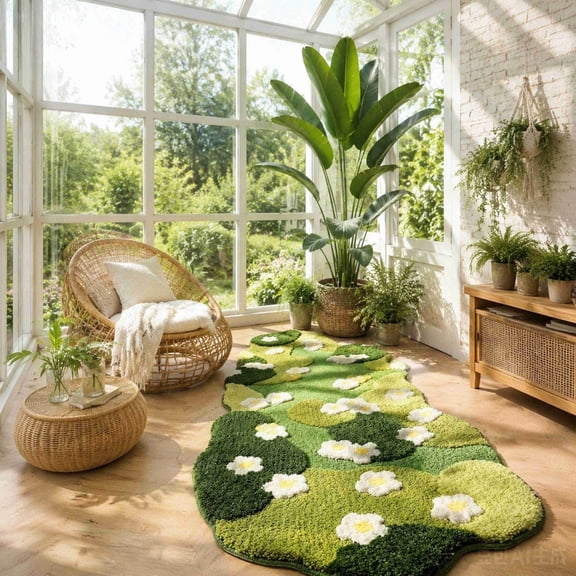 Irregular Tufted Green Floral Runner Rug, Bathroom Soft Plush Daisy Pattern Area Rug, Non Slip Washable Farmhouse Decor Mat for Bedroom Hallway Entryway Indoor Home Decor by XSAOP