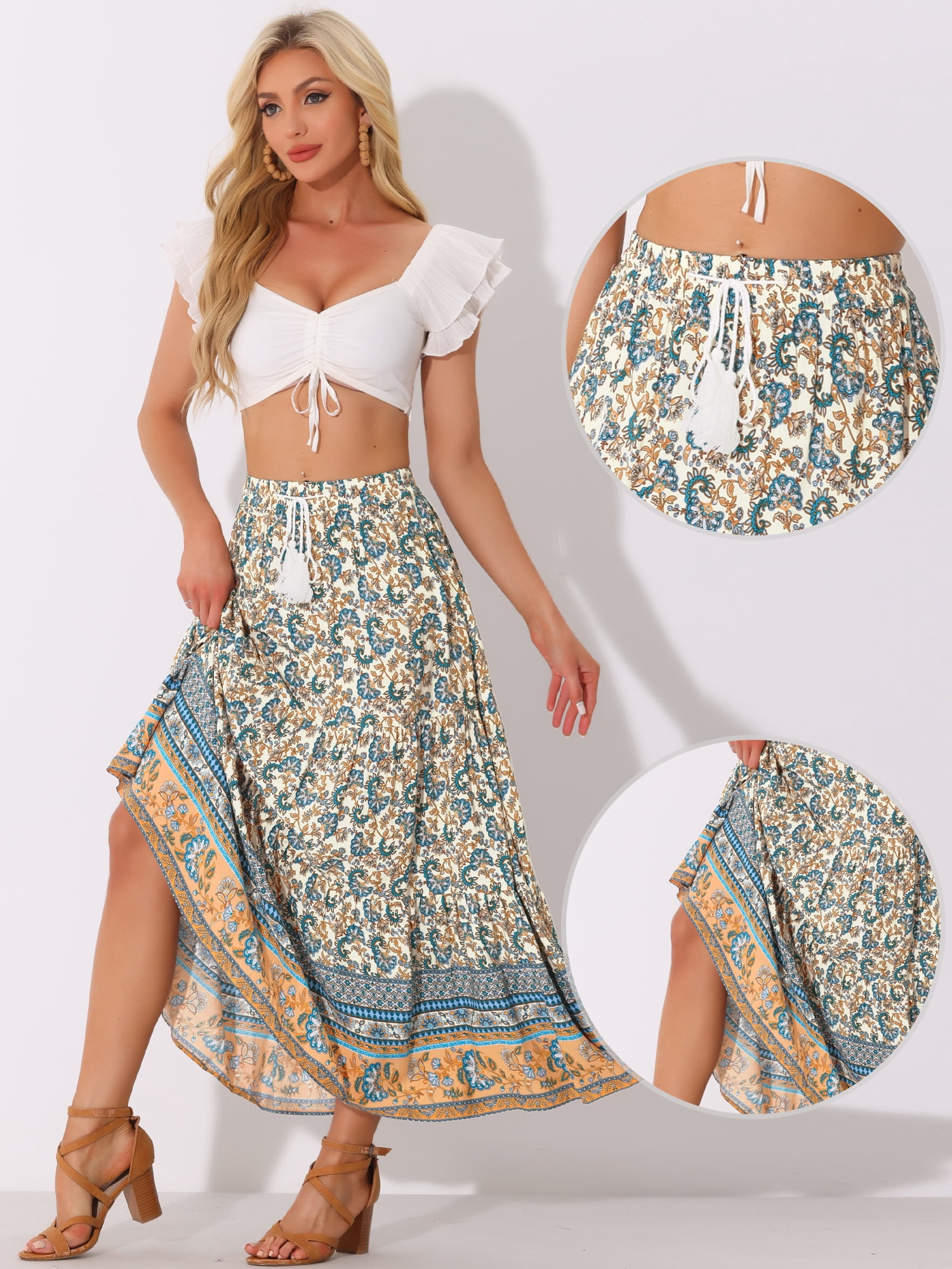 DARING DIVA Women's Bohemian Tassels Elastic Waist Floral Maxi Skirt S Beige