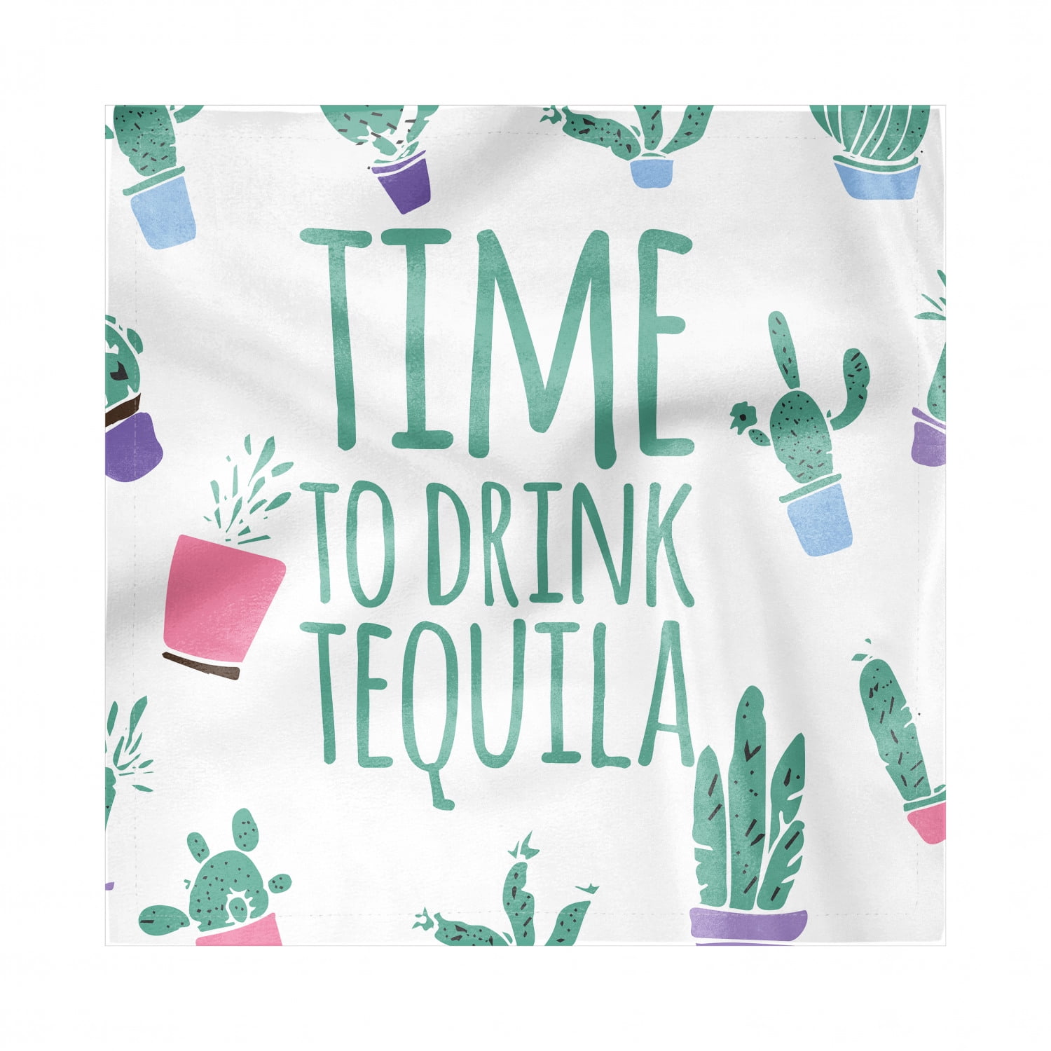 Tequila Napkins Set of 4, Time to Drink Words with Simple Cacti in Pots, Silky Satin Fabric for