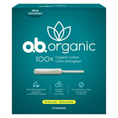 o.b. Organic Plant-Based Applicator Tampons, Unscented, Regular, 18