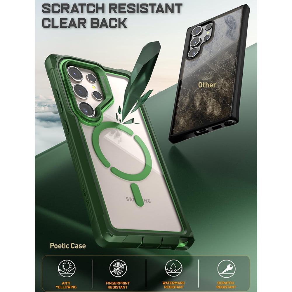 Poetic Guardian Case for Samsung Galaxy S24 Ultra 6.8", [Built-in Camera Stand] [Screen Protector Work with Fingerprint ID] Full Body Shockproof Protective Rugged Clear Cover, Green/Clear