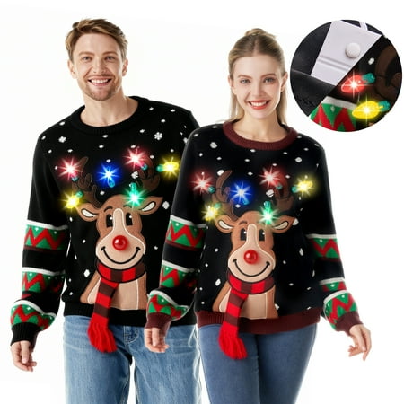 Joyfy Ugly Christmas Sweater Women, Led Light Up Ugly Sweater, Men Couples Women's Christmas Sweater with Light Bulbs, Reindeer Holiday Sweaters, Cute Funny Xmas Crewneck Knitted Pullovers 2025,XL