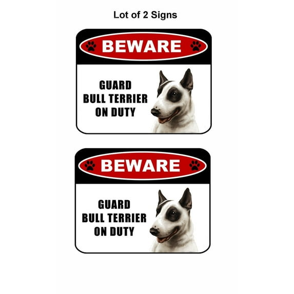 2 count "Beware Guard Bull Terrier (v1) on Duty" 11.5 inch x 9 inch Laminated Dog Sign