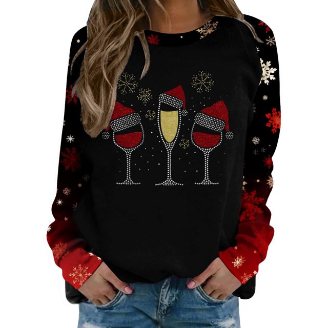 Gibobby Sudaderas navideñas Sudadera casual con estampado navideño para mujer, cuello redondo, manga larga, sudadera raglán(Negro,CH)