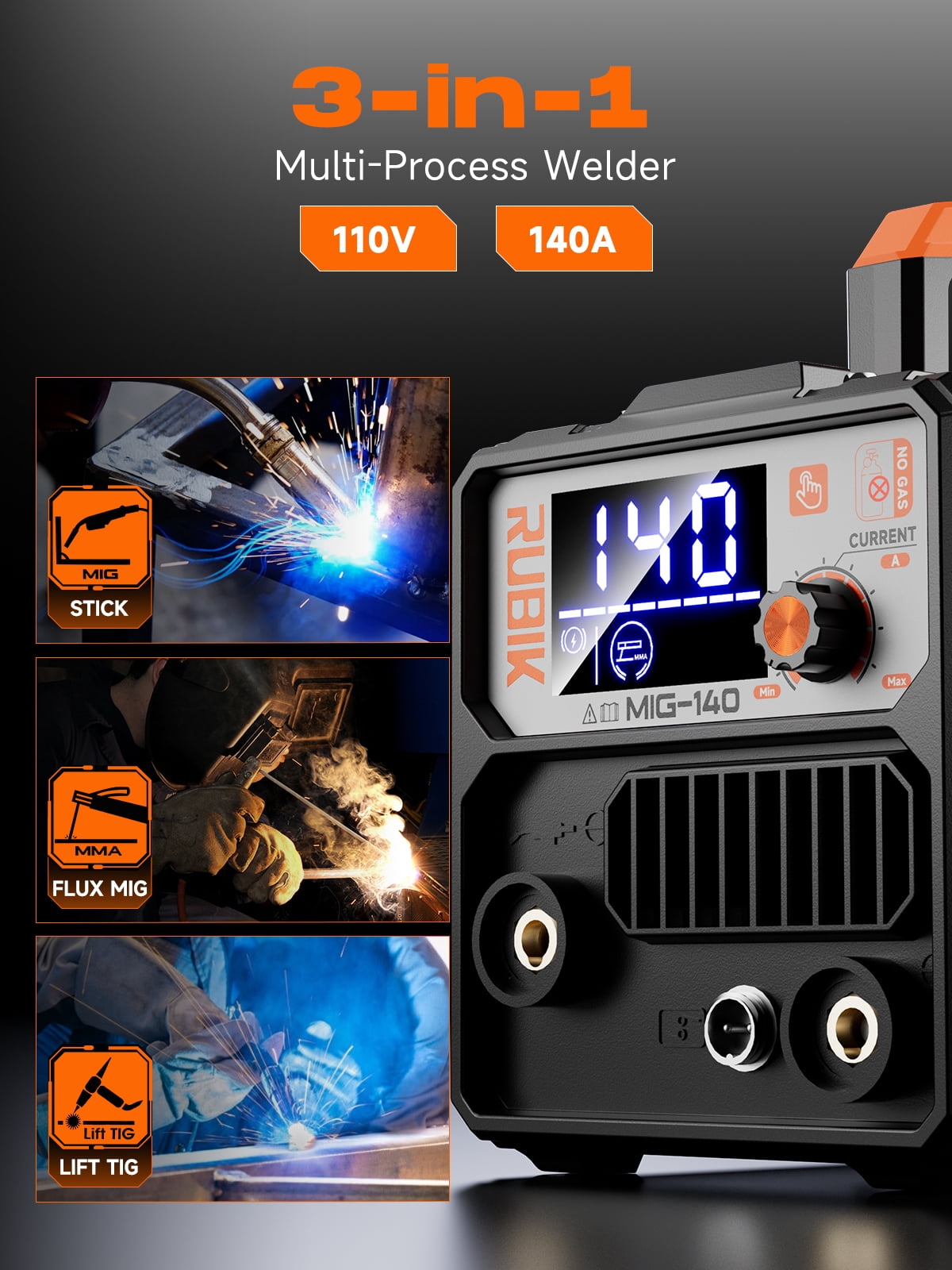 Rubik 140A MIG Welder, 110V Flux Core MIG Welder/Lift TIG/Stick 3 in 1 Welding Machine with Synergy, IGBT Inverter Portable Gasless Welder Equipment with Welding Gun and 1LB Welding Wire