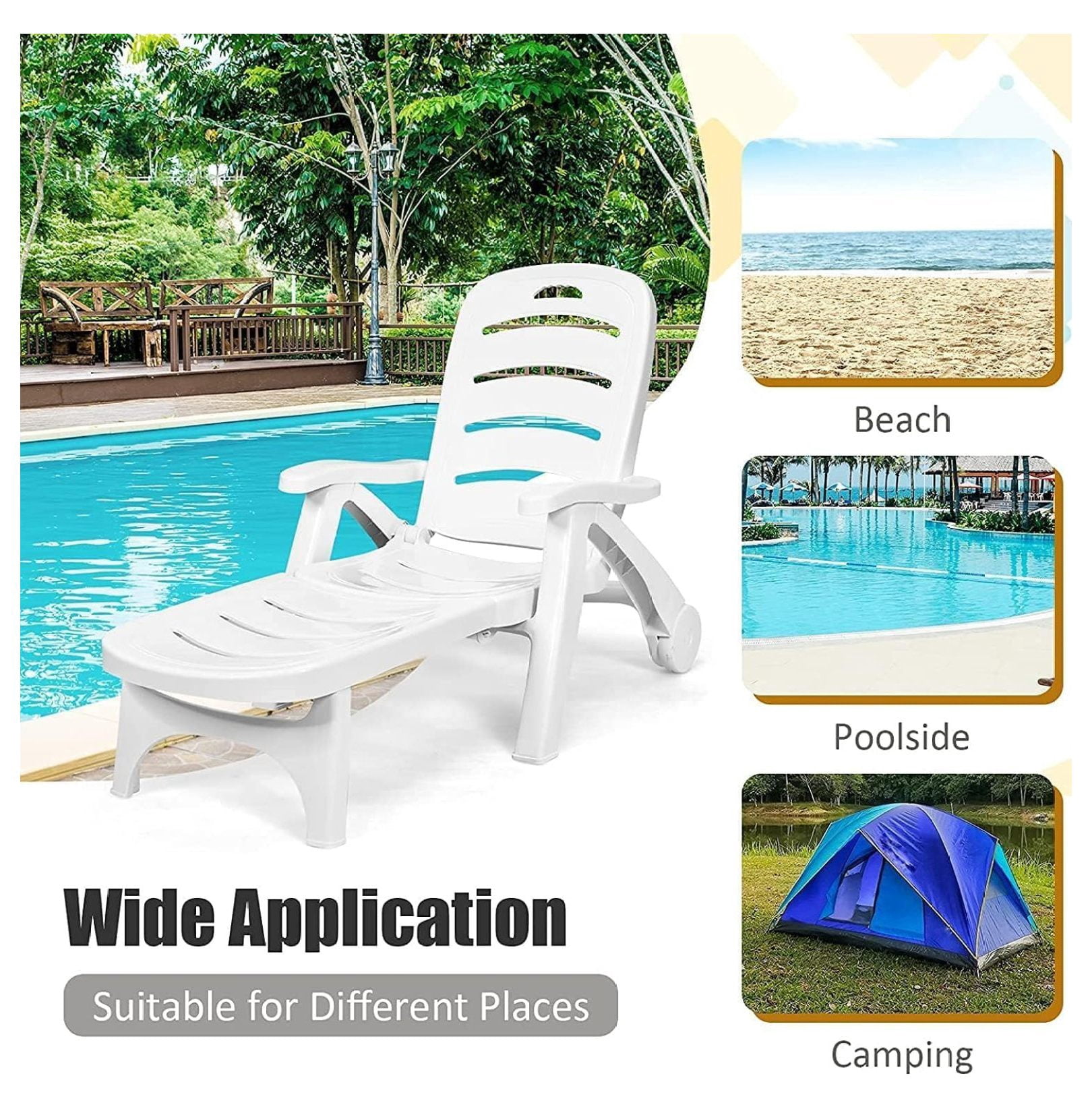 Moccha Plastic Folding Lounge Chair, 5-Position Adjustable Chaise Lounge with 2 Rolling Wheels, Armrest, Outdoor Chaise Chair for Patio, Beach, Backyard, Poolside, Home (1, White)