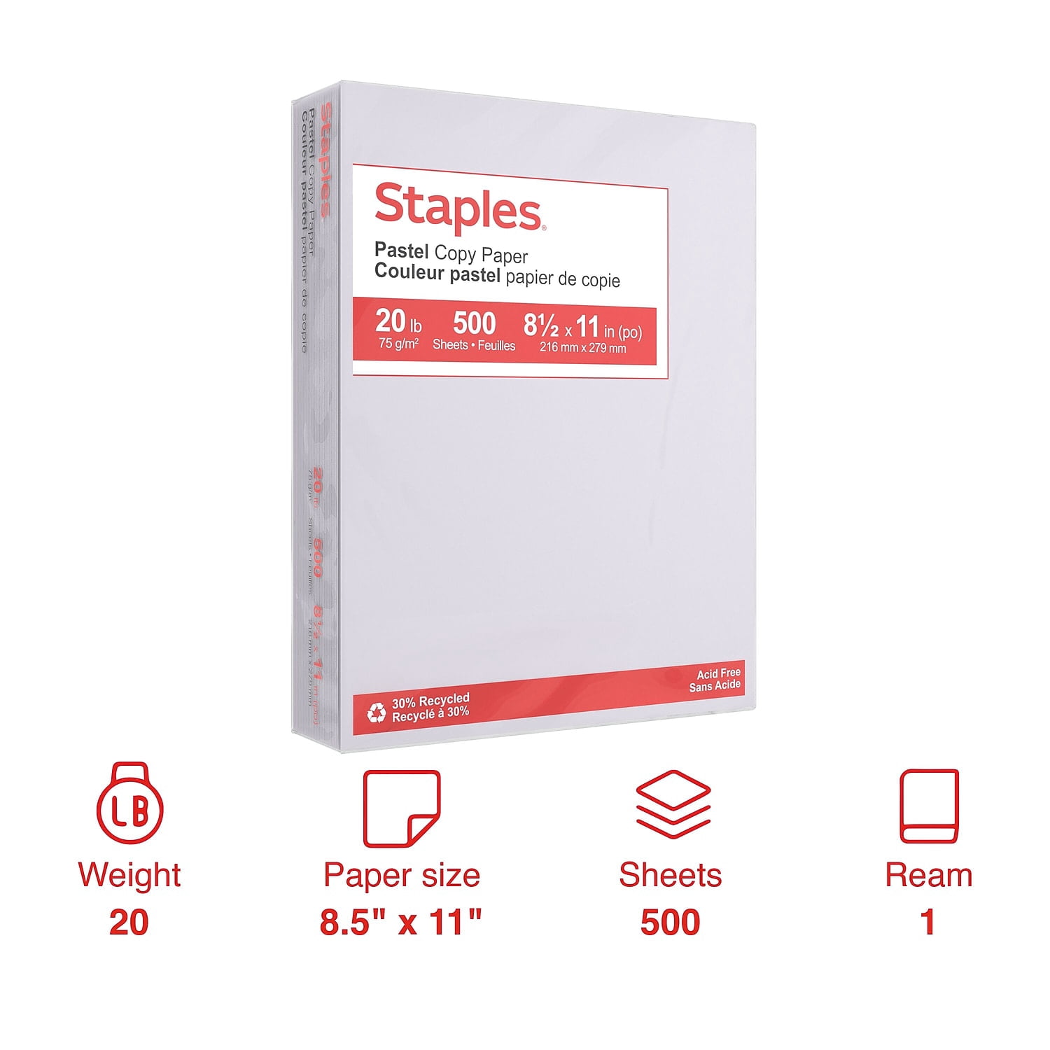 Staples Pastel 30% Recycled Color Copy Paper 20 lbs. 8.5" x 11" Gray 500 Sheets/Ream 10 Reams/Carton