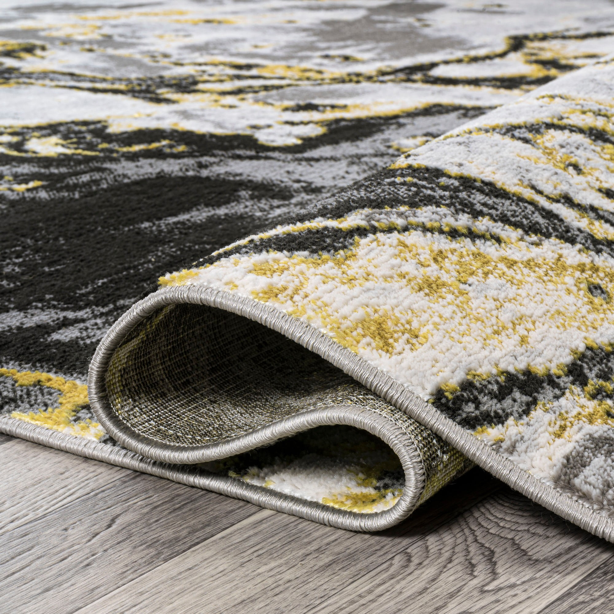 JONATHAN Y SILK ORCHID 3 x 5 Area Rug, Swirl Marbled Abstract - Black/Yellow, SOR203D-3