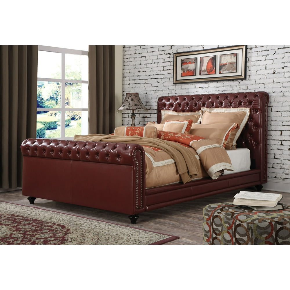 ACME Norris Eastern King Bed in Burgundy Faux Leather, Multiple Sizes