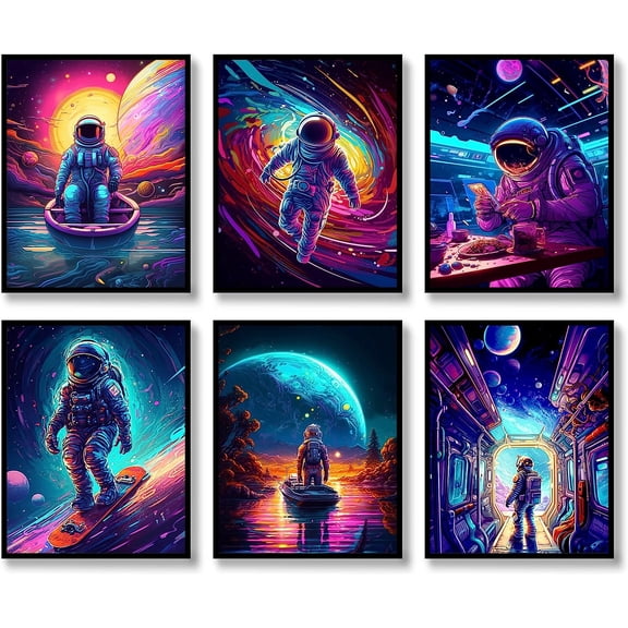 Spaceman Canvas Wall Art Prints Set of 6 Funny Astronaut Posters Universe Wall Decor Explore Dream Discover Inspirational Photo Picture Fashion Art Painting for Bedroom Living Room 8x10in Unframed