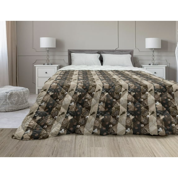 Coffee Down Alternative Comforter, Coffee Words Different Typographies Beans Cups on Abstract Vintage Backdrop, Microfiber Quilt for All Season, 5 Sizes, Pale Brown Black, by Ambesonne