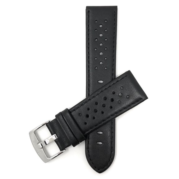 Bandini Mens Leather Rally Strap - Breathable Perforated Racing Watch Band - Replacement Racer Rally Band for Classic and Smart Watch - Black 20mm Watch Band