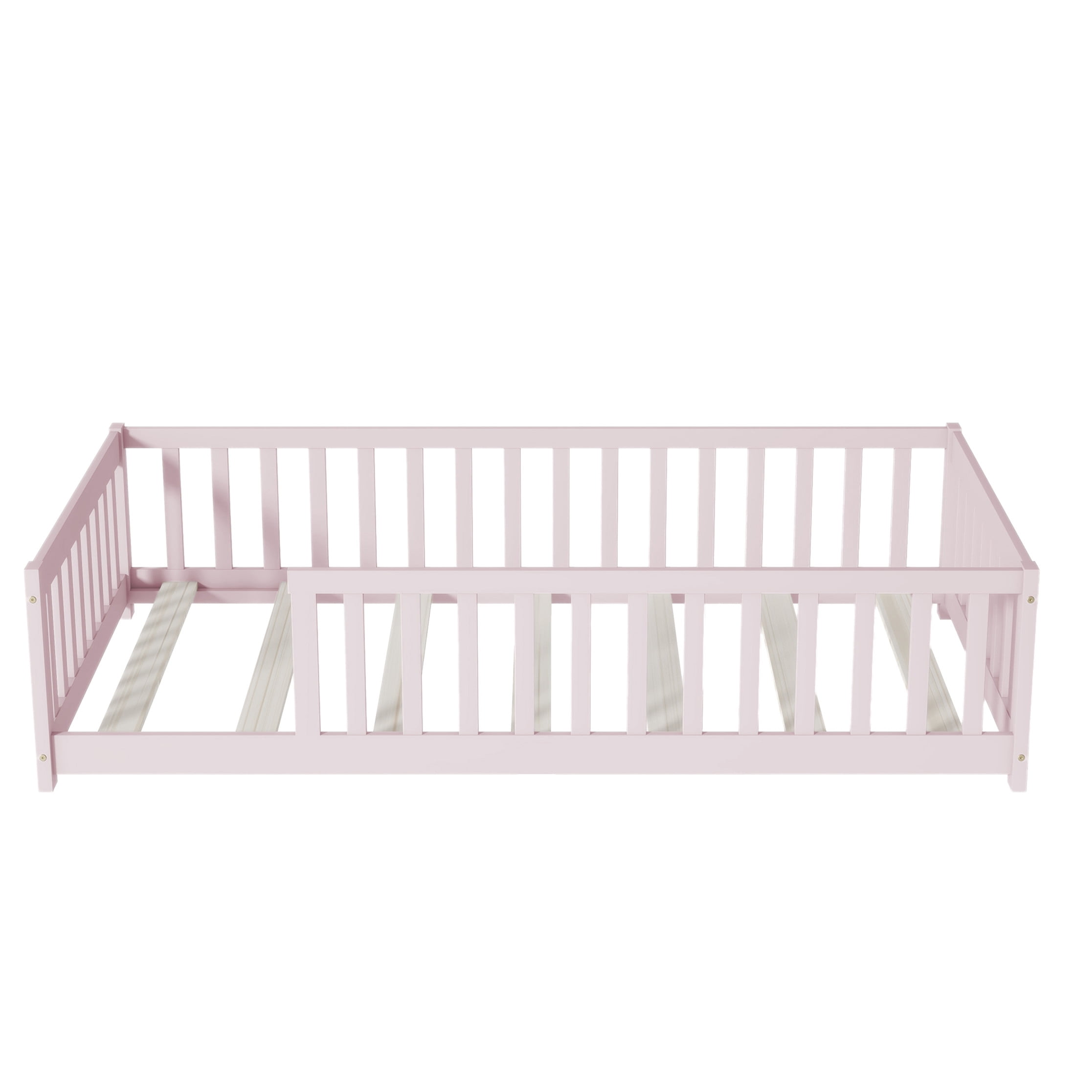 Noble House Nira Twin Size Floor Bed with High Fence, Sturdy Rubber Wood Montessori Bed, Kid's Room, Pink
