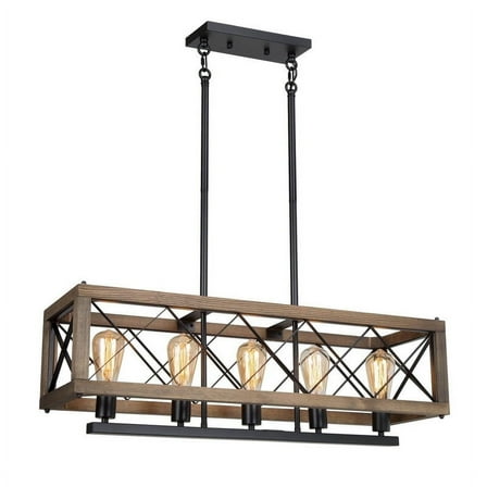 LNC 32-in Rustic Wood & Black Metal 5-Light Linear Chandelier for Kitchen Island & Dining