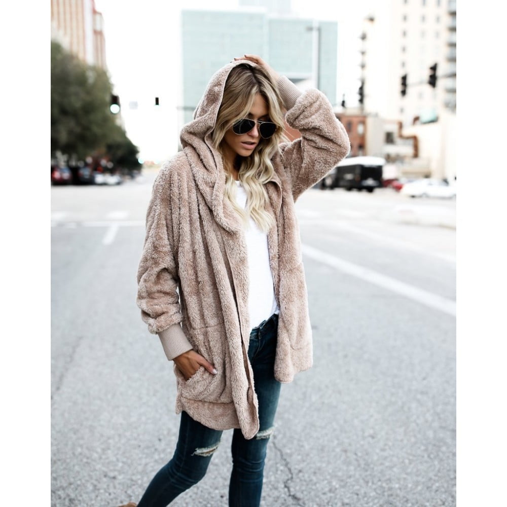 Women Long Woolen Coat Vintage Imitation Rabbit Fur Hooded Coats Casual Lace Up Christmas Overcoats