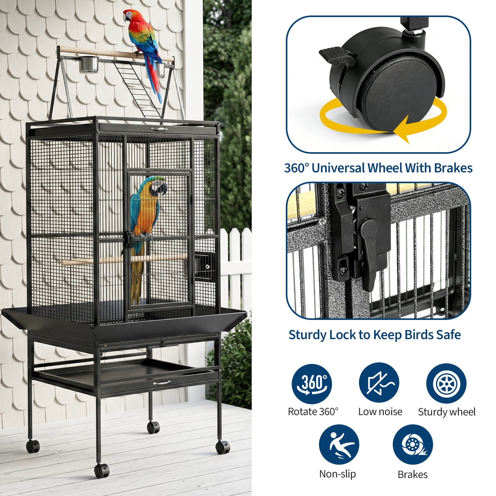 PYY 68-Inch Large Bird Cage for African Grey Parrots Macaws Cockatiels, Heavy Duty Wrought Iron Flight Cage with Play Top, Rolling Stand and Seed Guard, Black