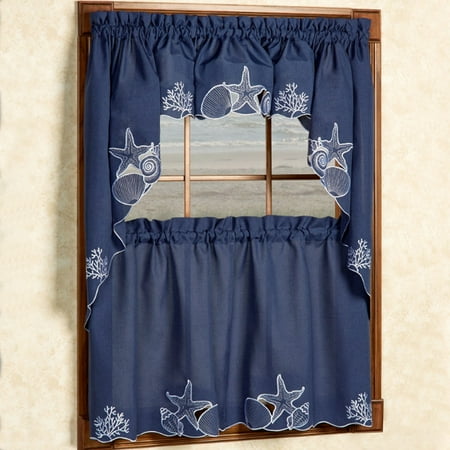 Kitchen Window Curtain Sanibel Navy Sea Life Trim 36 Tier Swag