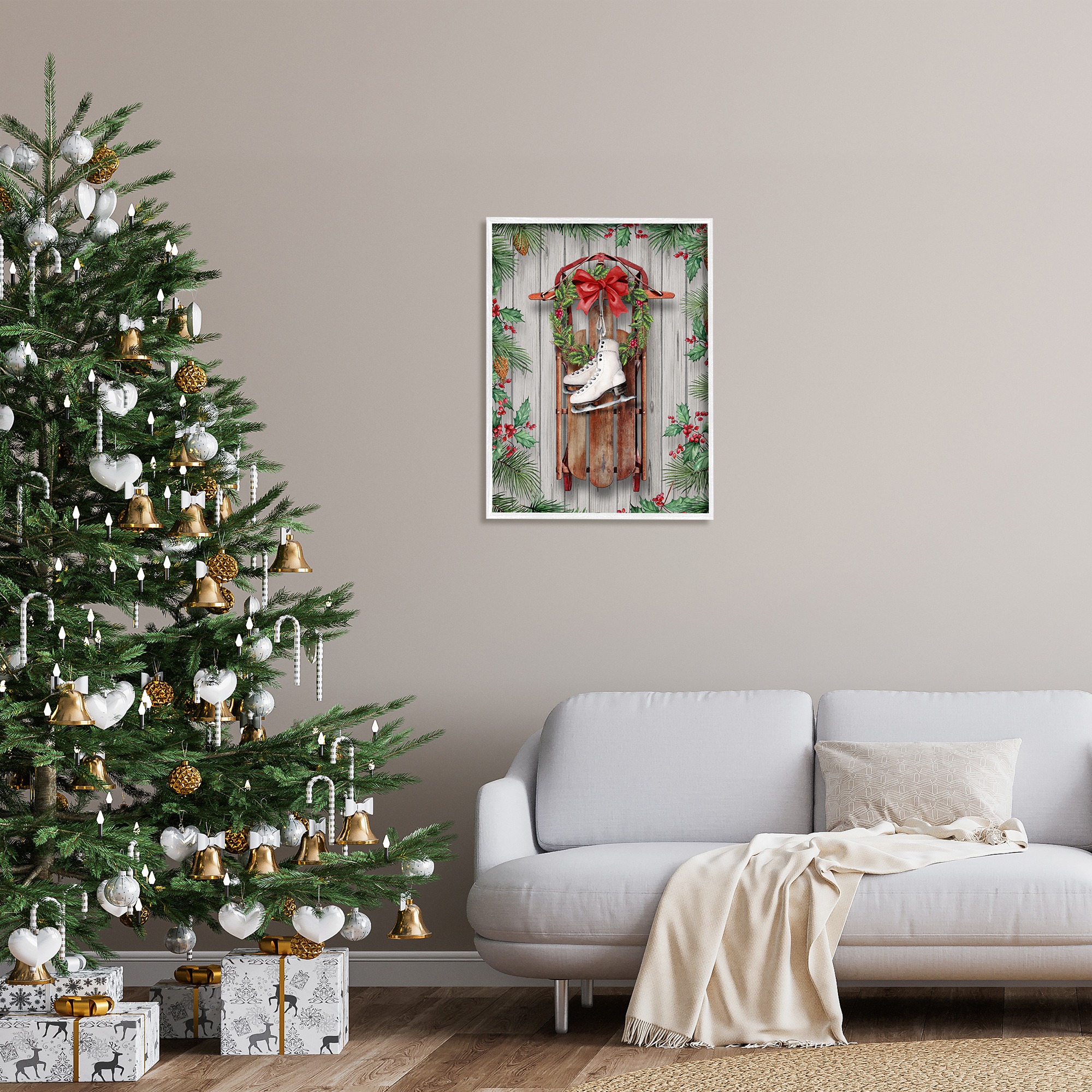 Stupell Industries Winter Ice Skates & Sled Holiday Painting White Framed Art Print Wall Art, 24 x 30