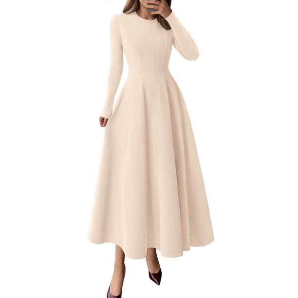Vestido PRETTYGARDEN 2025 de manga larga, largo midi estilo línea A en beige, talla S