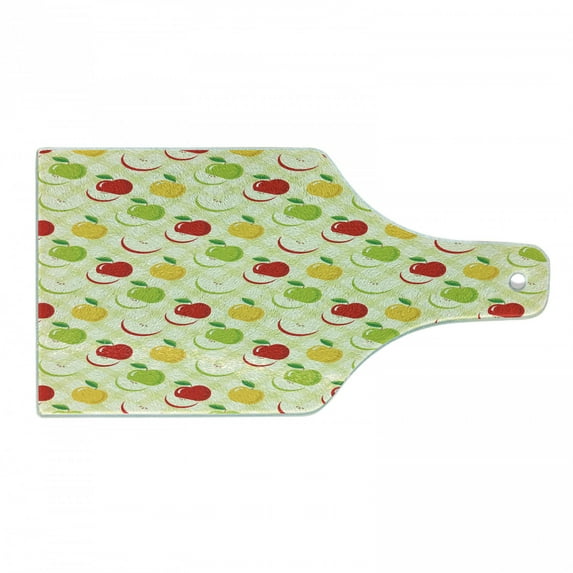 Fruits Cutting Board, Diagonal Checkered Pattern with Apples and Slices Retro Country Kitchen Theme, Tempered Glass Cutting and Serving Board, Wine Bottle Shape, Green Red Yellow, by Ambesonne