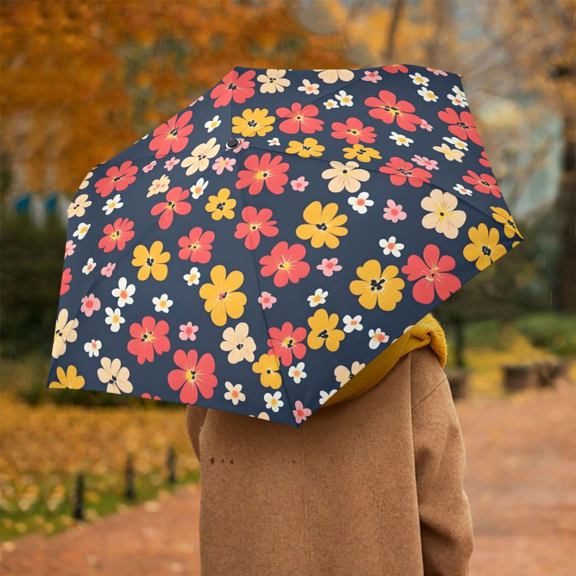 FORMRS Travel Umbrella Folding Auto Open Close Windproof Rain UV Protection, Small Colorful Flower