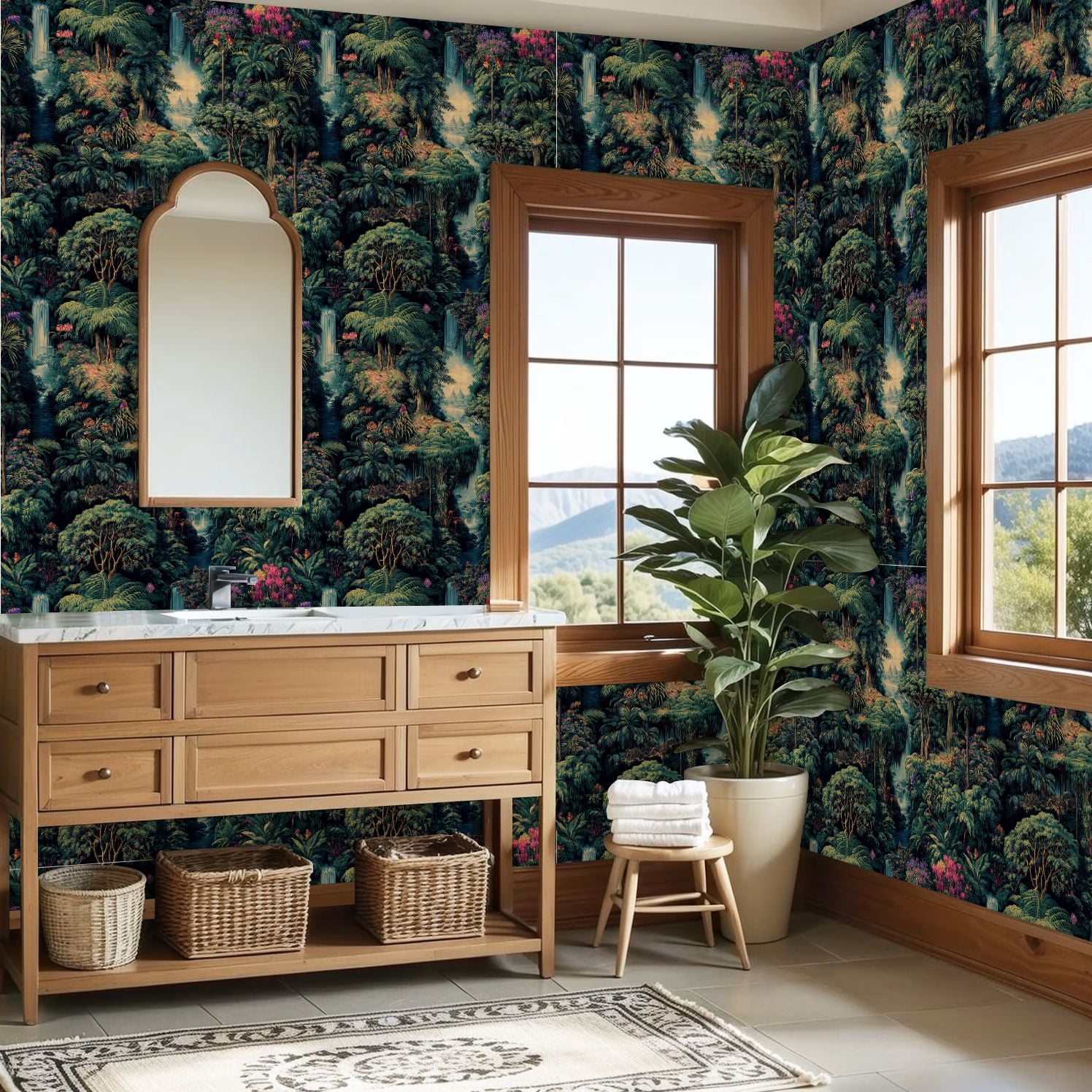 Peel and Stick Wallpaper Tropical Jungle Waterfalls Vibrant Floral Wall Mural 23.6in x 9.8ft Self Adhesive Removable Wall Paper Renter Friendly Wallpaper for Nursery Bedroom Cabinets