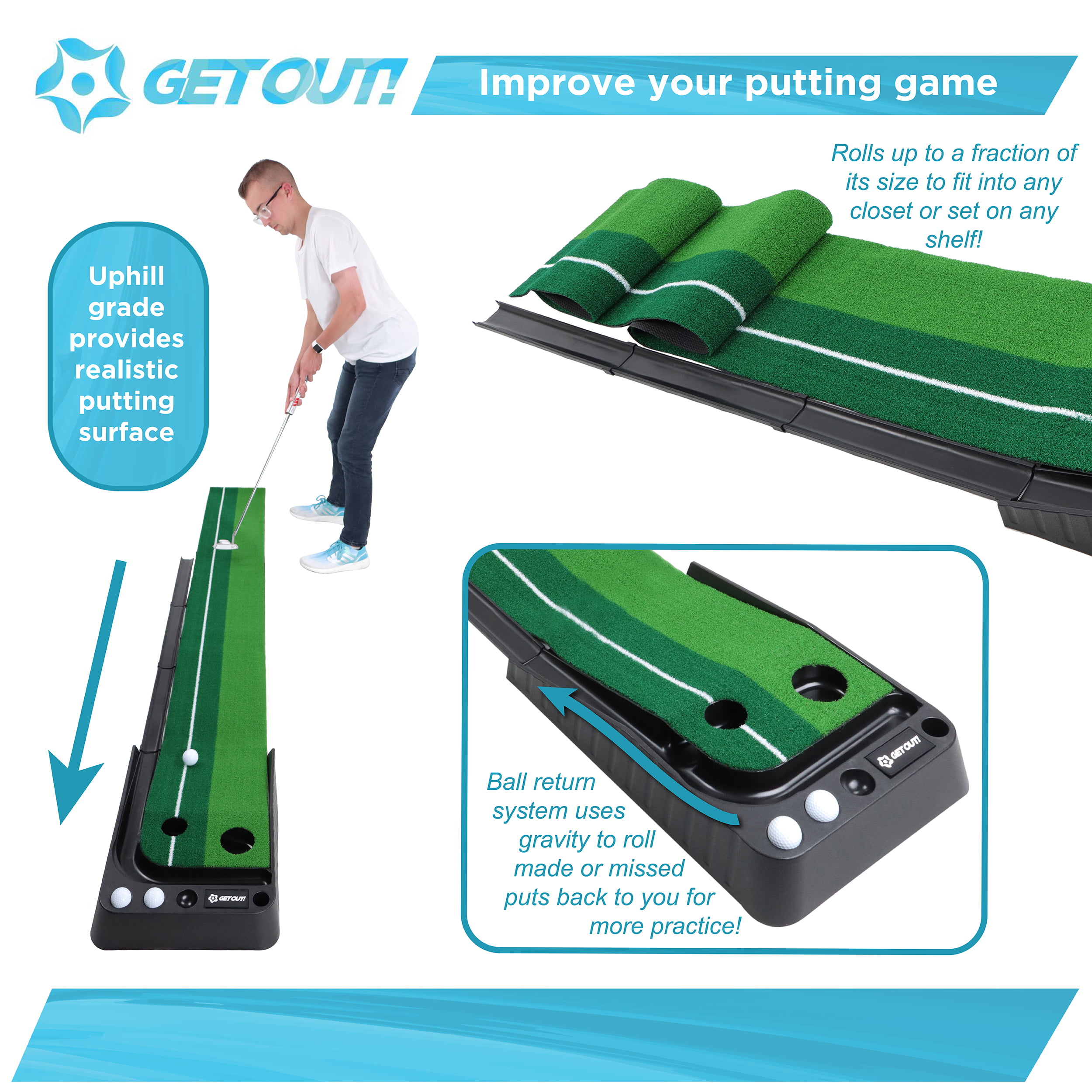 Putting Green Golf Mat w/ Putting Mat Return & Golf Balls Putting Aid
