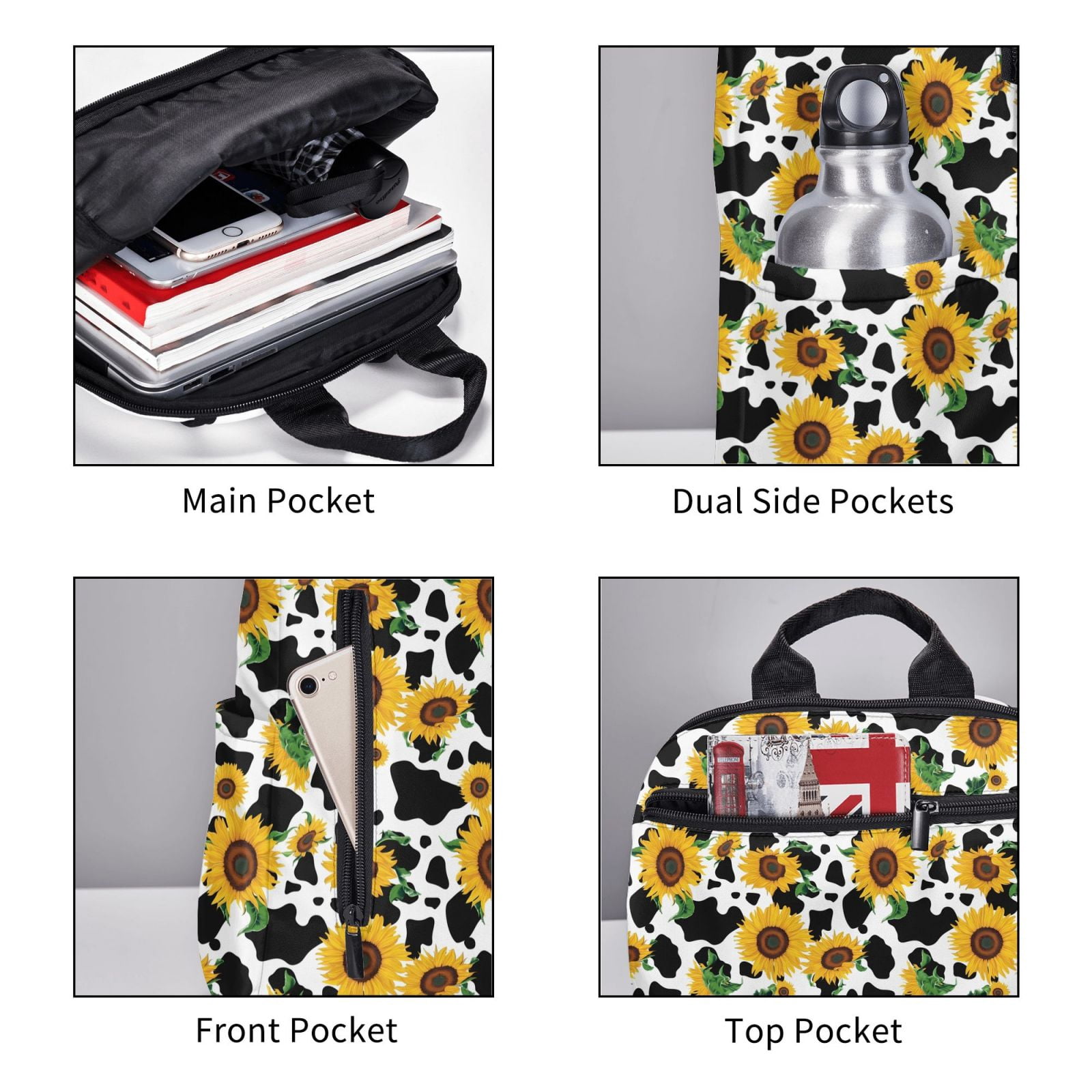 Xecao Cute Cow Print Sunflower D print Backpack For women men Aesthetic Lightweight Travel Daypack Simple Cute Backpack For Bookbag