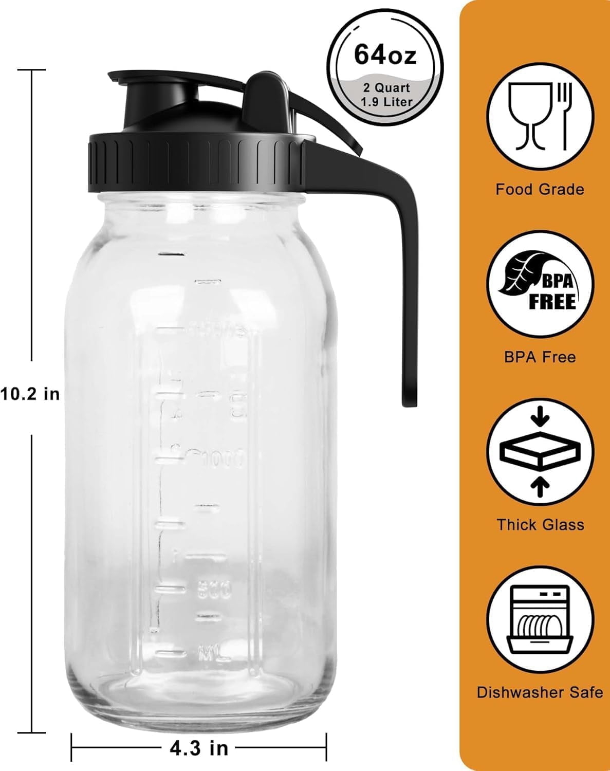 Mason Jar Pitcher Set of 2-64oz (2 Quart) Airtight & Leakproof Glass Pitcher with Lid, Perfect for Storing Breastmilk, Cold Brew, Sun Tea, with Easy-Pour Spout Lid