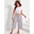 thumbnail image 2 of SHOWMALL Plus Size Cropped Pants for Women, Flowy Wide Leg Capris for Casual & Resort Wear, Cottagecore Pink Blue Floral​ 4X Lightweight High Rise Travel Pants with Pockets, 2 of 8