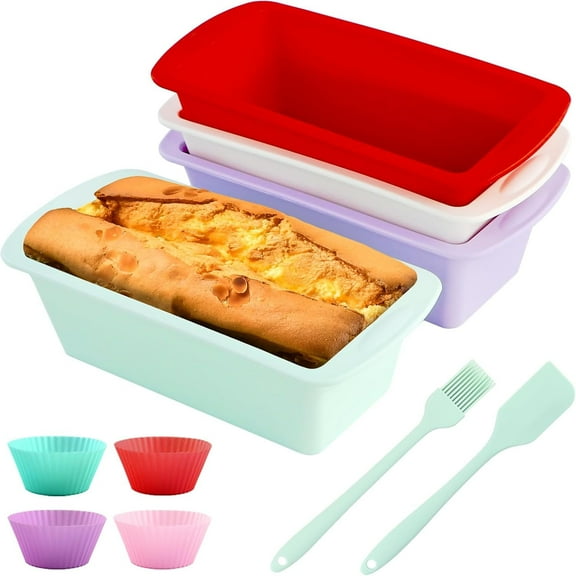4PCS Silicone Mini Loaf Pan & 4PCS Cupcake Baking Cups, Nonstick Bread Loaf Pans with Spatula Brush, Easy Release Rectangle Mold for Toast Brownie Cake Soaps Meatloaf Colorful