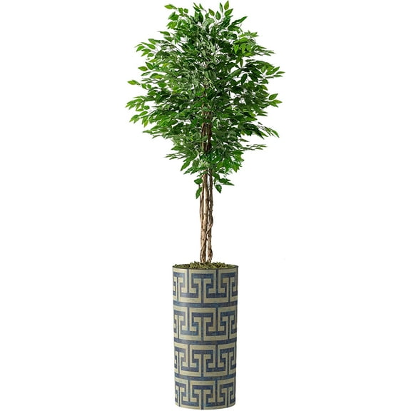 Artificial Tree in Modern Geometric Pattern Planter, Fake Ficus Silk Tree for Indoor and Outdoor Home Decoration - 75" Overall Tall (Plant Pot Plus Tree)
