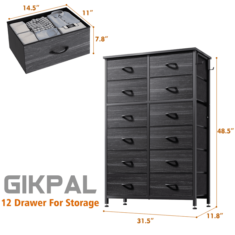 GIKPAL 12 Drawer Dresser, Chest of Drawers Dressers for Bedroom, Fabric  Drawer for Kids and Adult, Steel Frame and Wooden Top Black