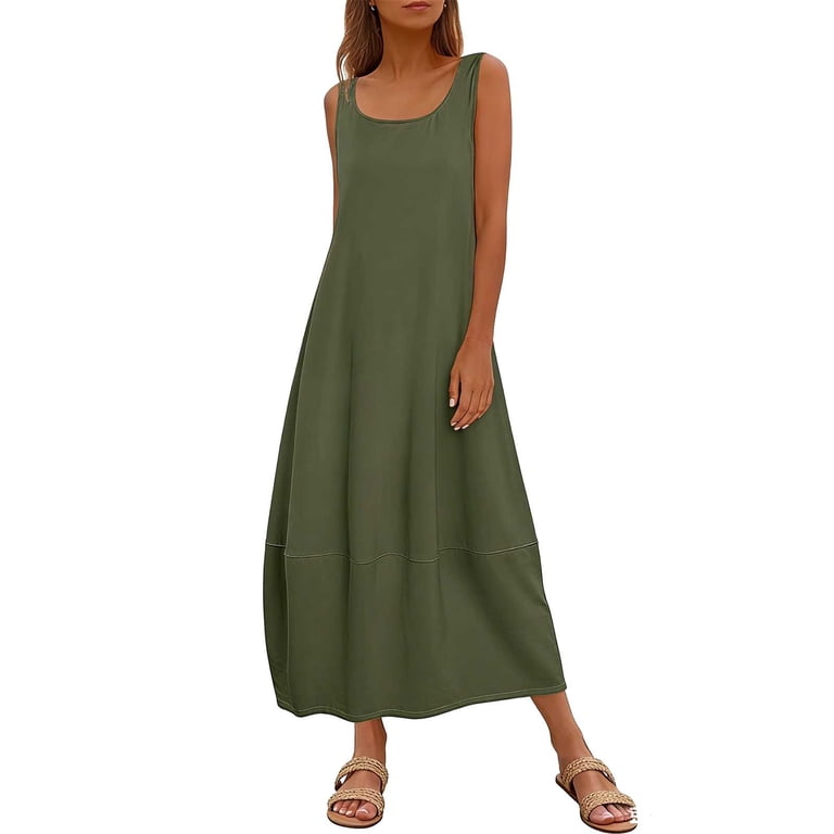 cotton tank swing dress Hombom Womens Dresses Spring Army Green Swing Dress Long Cotton Linen Flowy Tank Dress for Ladies Casual, Women's, Size: 2XL