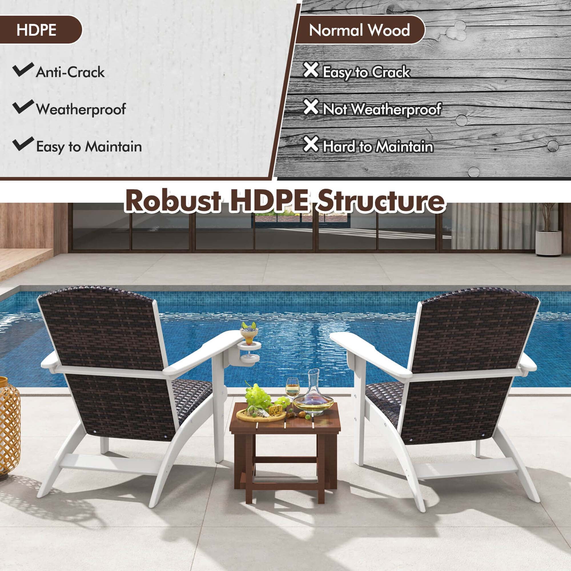 Costway Patio Adirondack Chair with Rattan Padded Seat Wide Armrests & Hidden Cupholder White