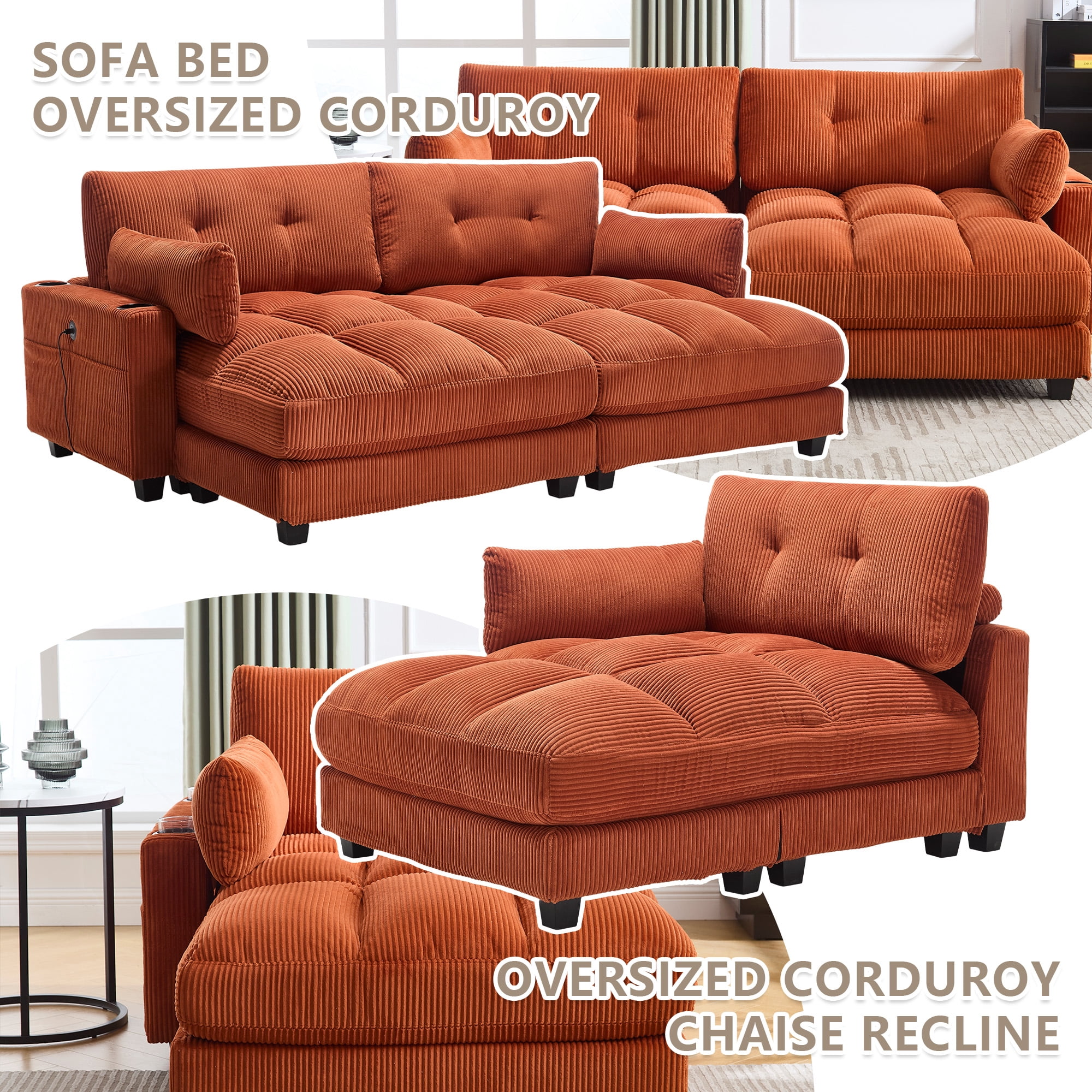 MOONMISS Corduroy Upholstered Soft Deep Seat Sleeper Loveseats Sofa with USB,Type-C&Cup Holders-Orange